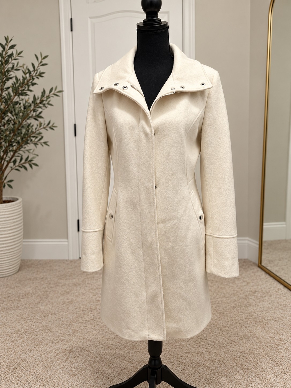 Guess Cream Tailored Mid-Length Wool Blend Coat